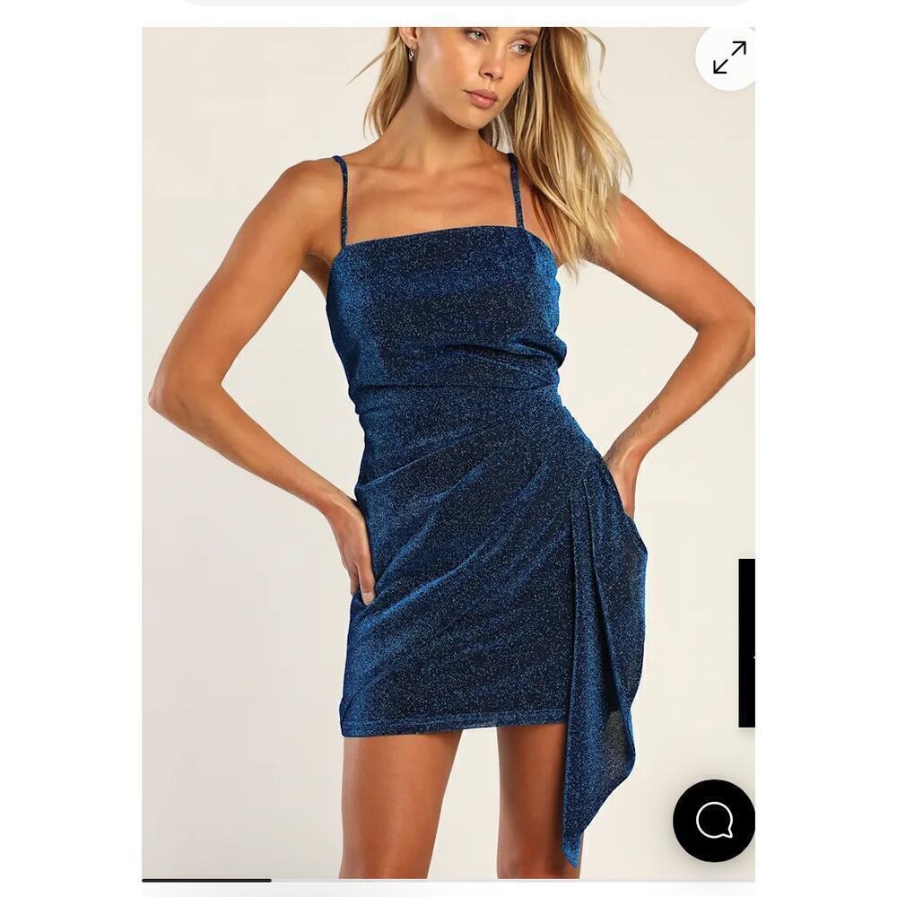 NWT Lulus Magnetic Vibe Shiny Royal Blue Gathered Side Bodycon dress Small